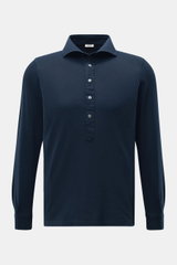 BRAUN Hamburg Longsleeve-Poloshirt navy, slim fit, Baumwoll-Piqué, Haifisch-Kragen, Fünf-Knopf-Leiste, Sportmanschetten, frontal fotografiert.