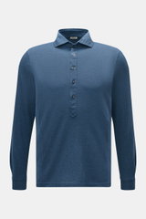 BRAUN Hamburg Longsleeve-Poloshirt graublau, Frontansicht, Slim Fit, Baumwoll-Piqué, Haifisch-Kragen, Fünf-Knopf-Leiste, Sportmanschette.