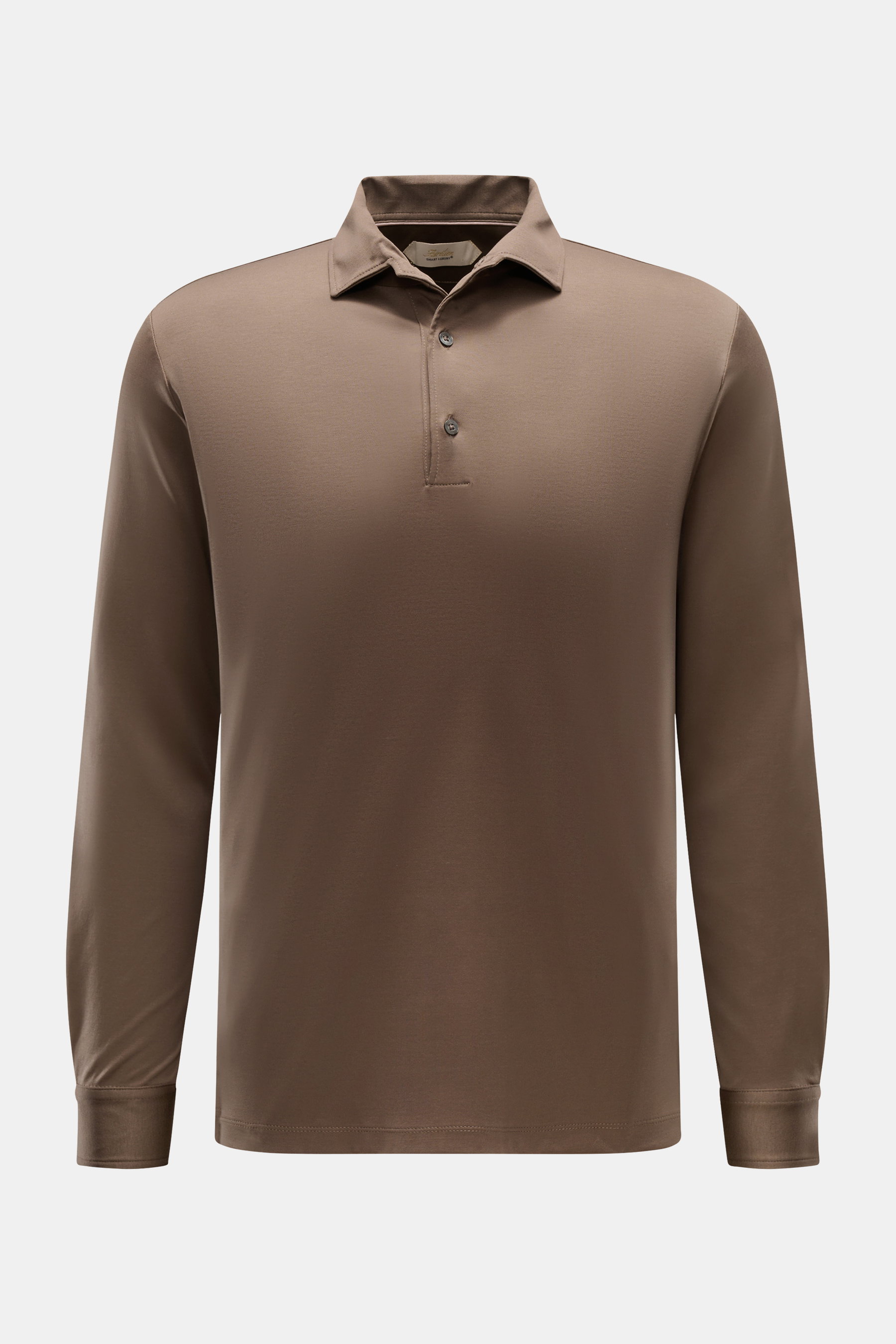 Aurélien Jersey Longsleeve-Poloshirt khaki, Slim Fit, aus ägyptischer Baumwolle, mit Polokragen, Drei-Knopf-Leiste, Sportmanschette, Saumschlitzen, Frontansicht.