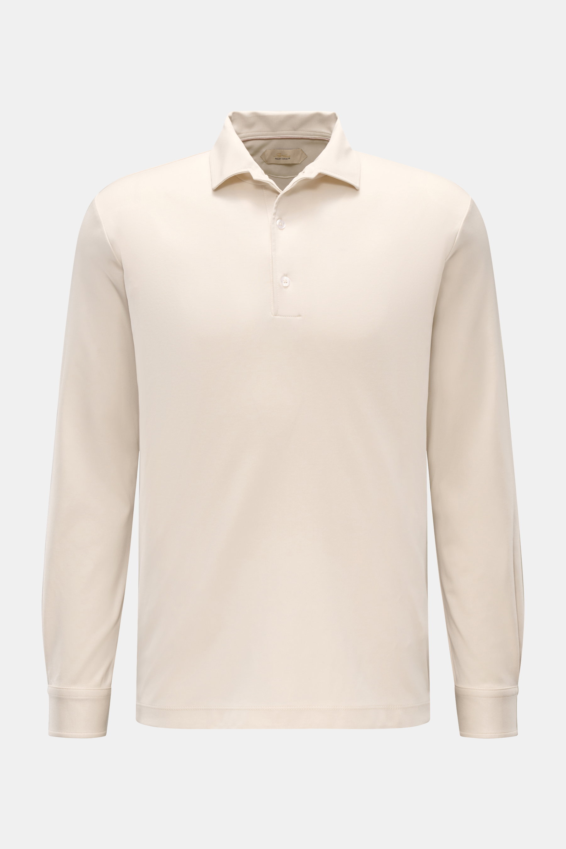 Aurélien Jersey Longsleeve-Poloshirt sand, slim fit, aus ägyptischer Baumwolle, weicher Griff, Polokragen, Drei-Knopf-Leiste, Sportmanschette, frontal fotografiert.