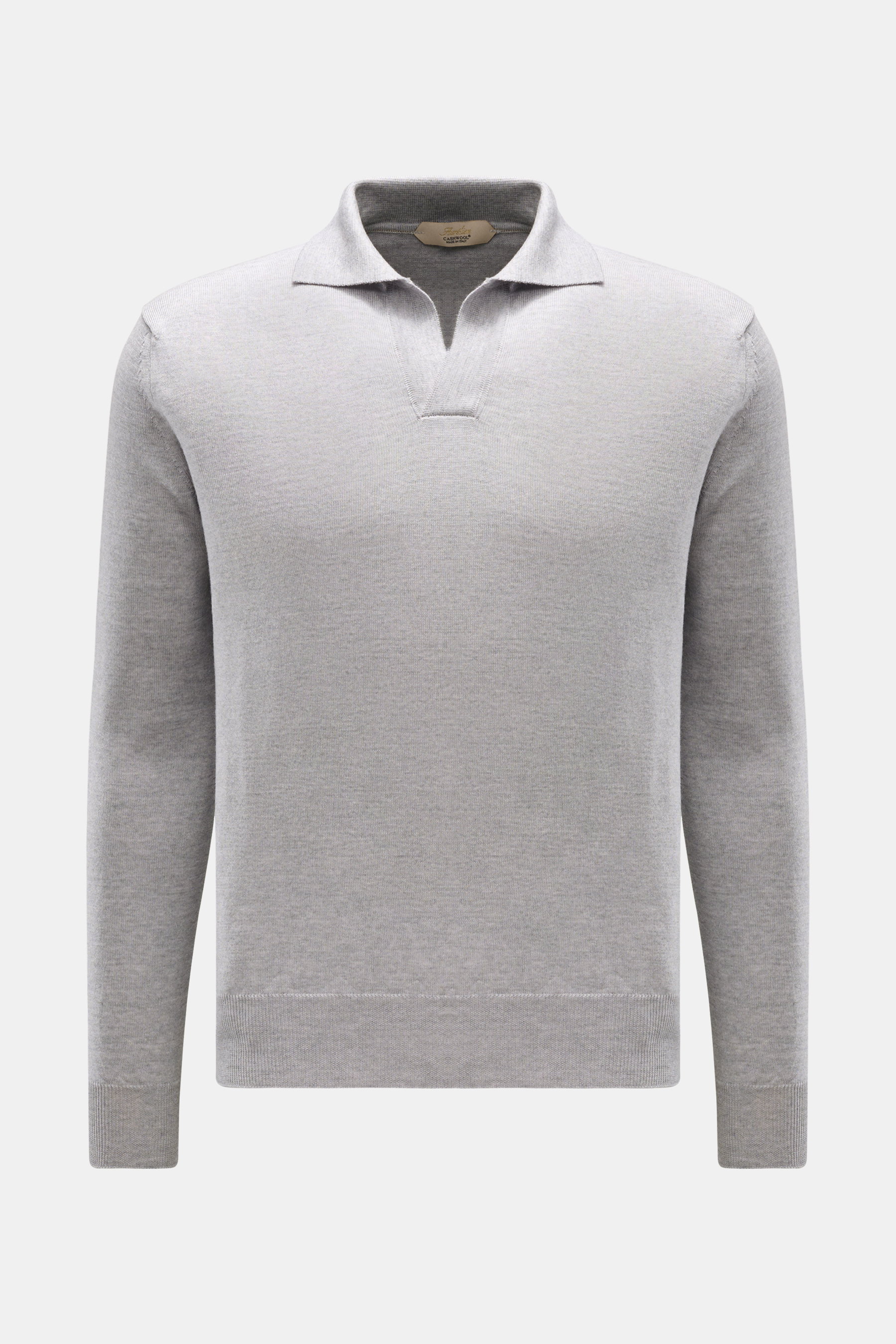 Aurélien Merino Strickpolo grau meliert, Slim Fit, aus weicher Merinowolle, feinem Strickbild, Polokragen mit offener Leiste, frontal fotografiert.