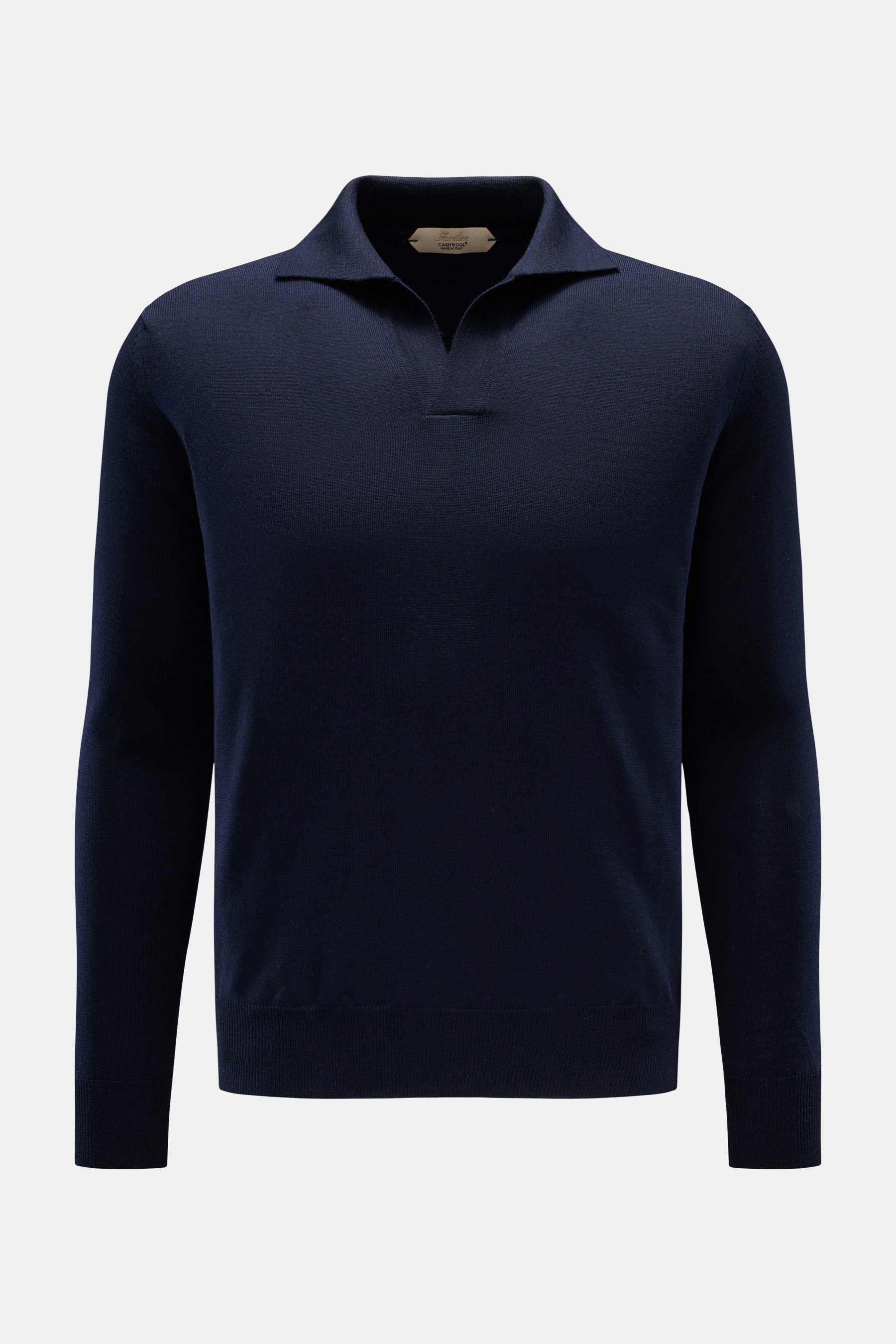 Vorderansicht des Aurélien Merino Strickpolo navy aus reiner Merinowolle mit offenem Polokragen, Slim Fit, weichem Griff und Rippbündchen.