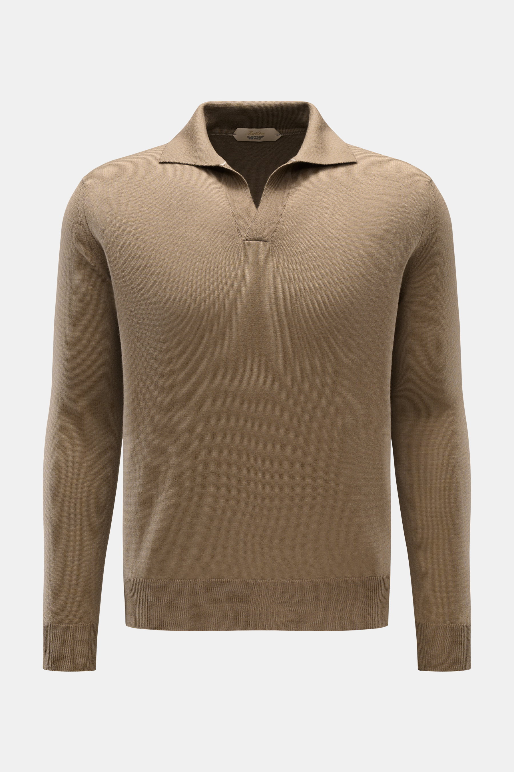 Aurélien Merino Strickpolo taupe, Slim Fit, aus reiner Merinowolle mit offenem Polokragen, feinem Strickbild, Rippbündchen, frontale Nahaufnahme.