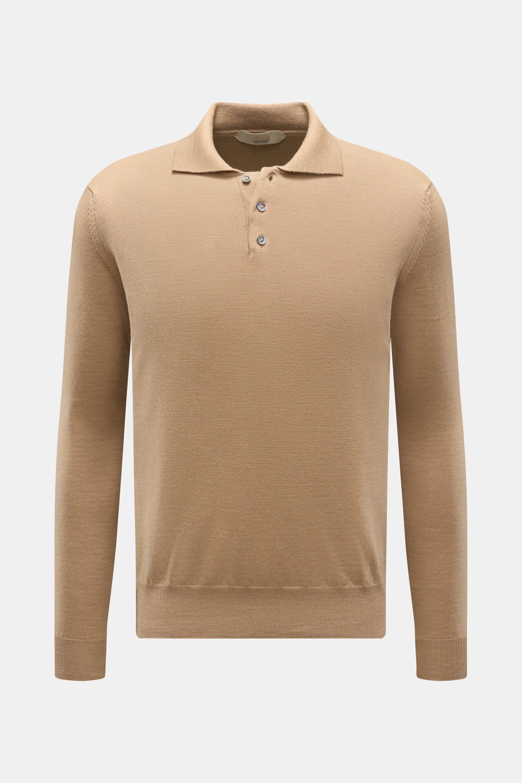 Aurélien Merino Strickpolo beige, Slim Fit, feines Strickbild, Polokragen, Rippbündchen, reine Merinowolle, frontal, langärmlig, weicher Griff.