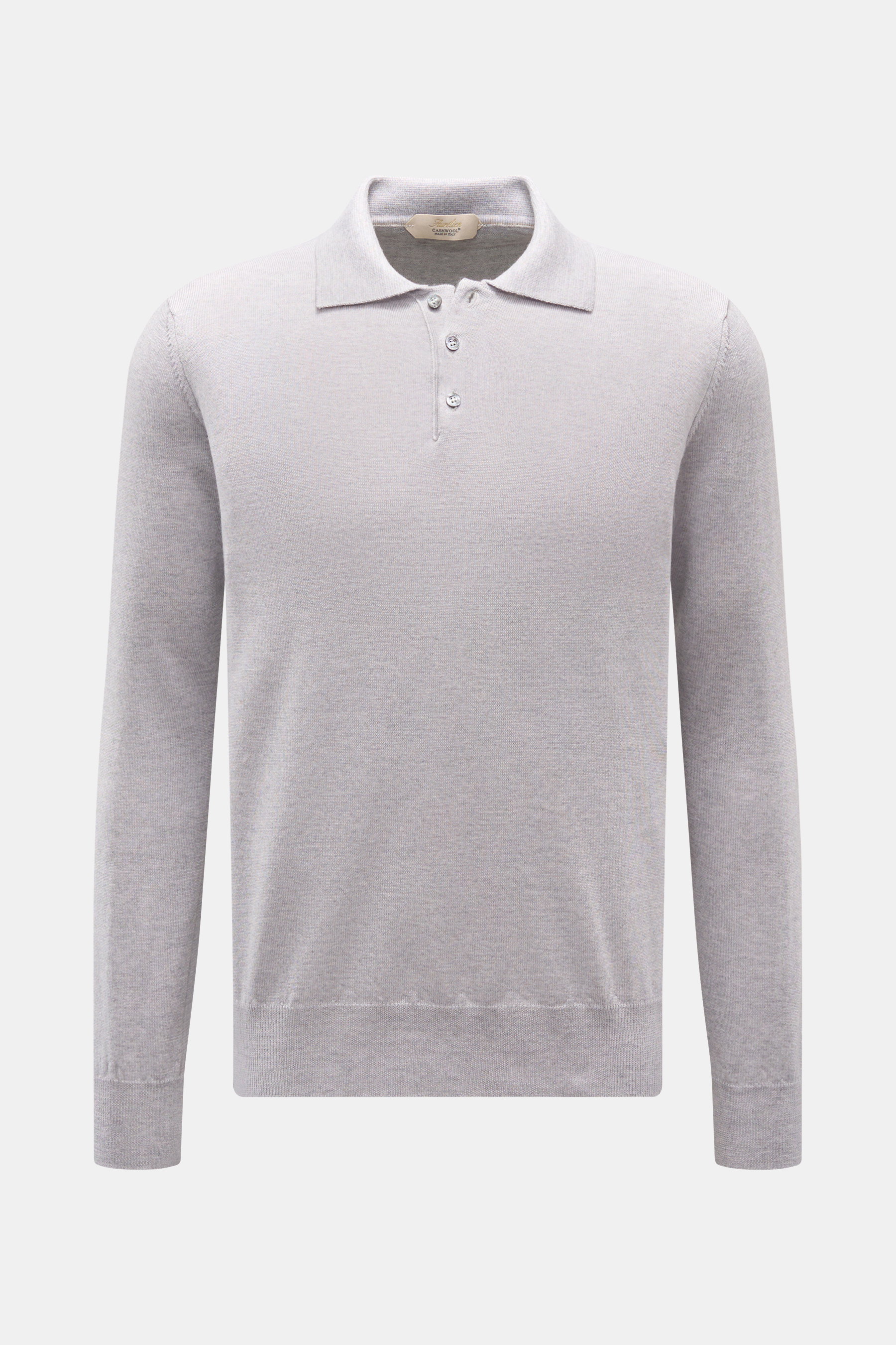 Aurélien Merino Strickpolo hellgrau meliert, Slim Fit, feines Strickbild, Polokragen, Rippbündchen, reine Merinowolle, frontale Nahaufnahme.
