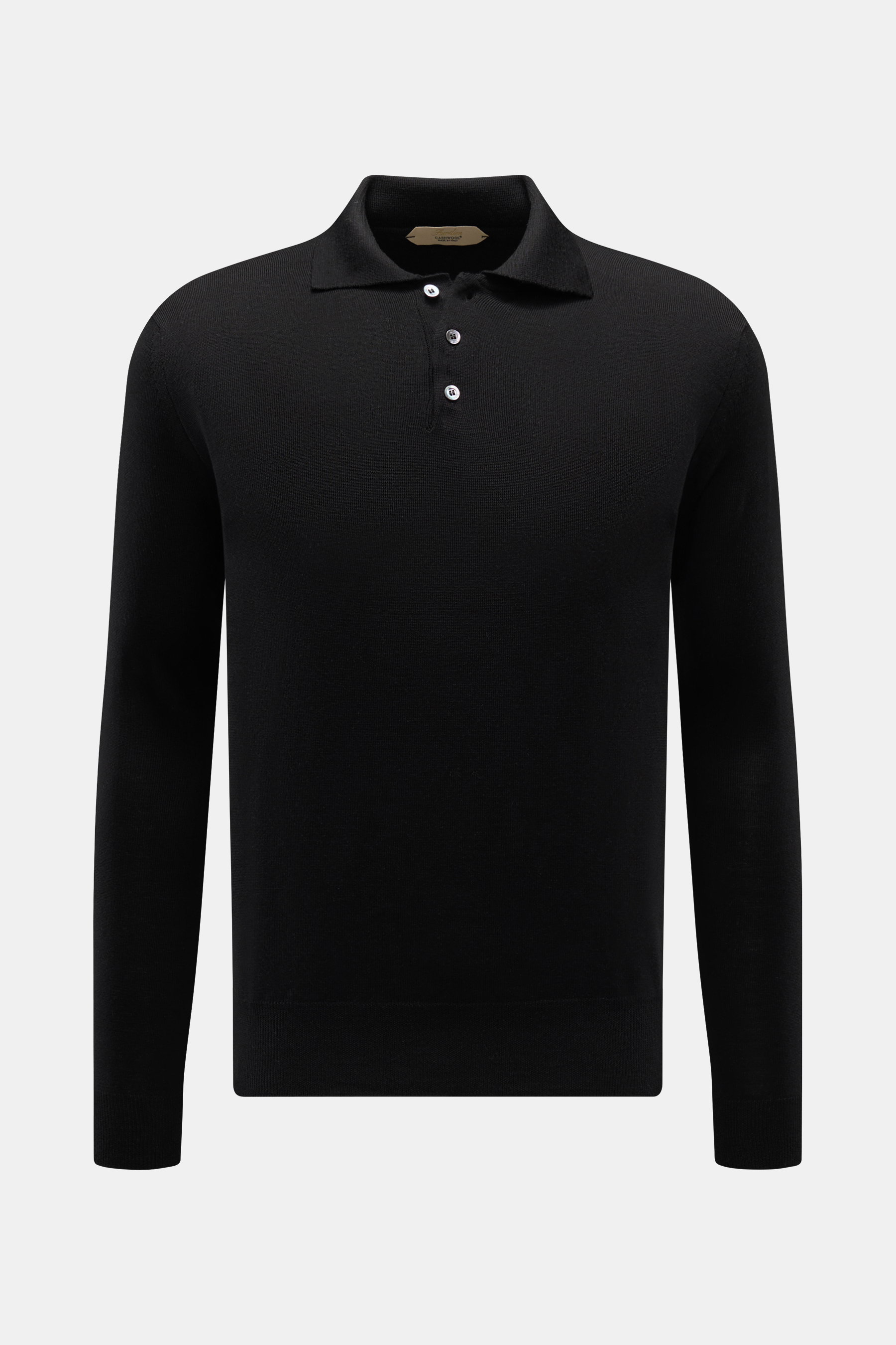 Schwarzes Aurélien Merino Strickpolo Slim Fit, aus feiner Cashwool®-Merinowolle, Polokragen, Rippbündchen, Frontperspektive.