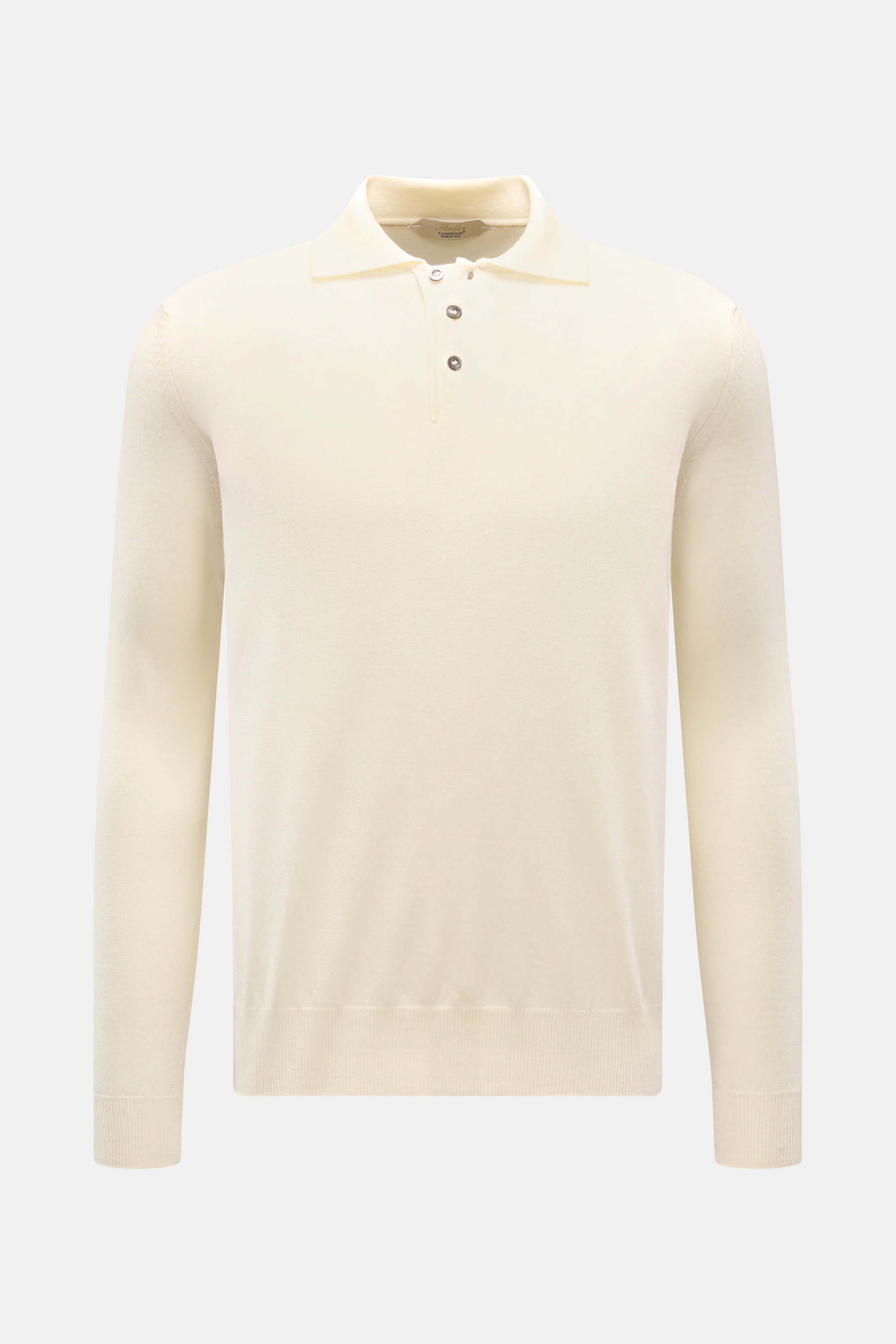Aurélien Merino Strickpolo creme, Slim Fit, feines Strickbild, Polokragen, Rippbündchen, reine Merinowolle, Frontansicht, weicher Griff.
