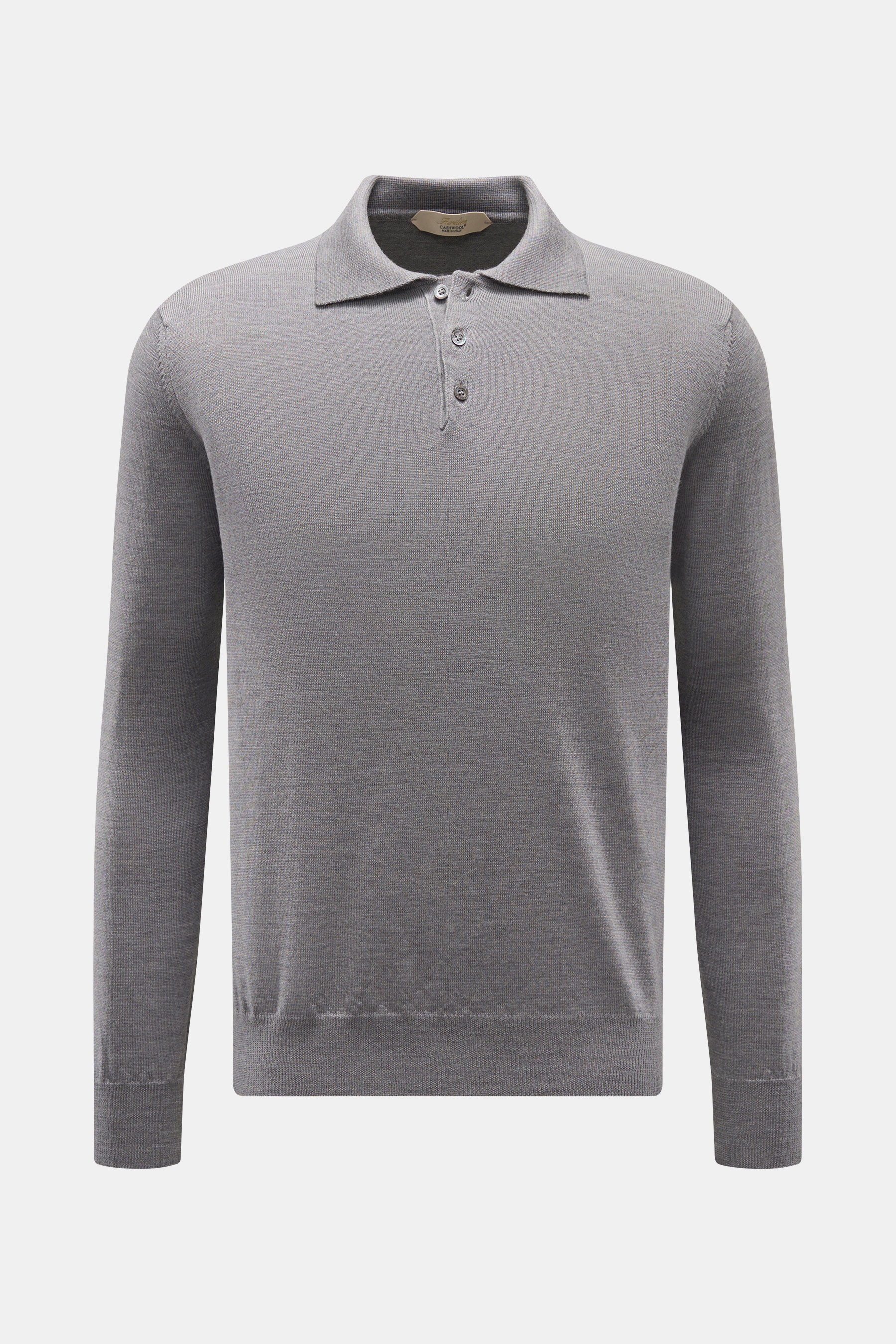 Aurélien Merino Strickpolo dunkelgrau meliert, Slim Fit, feines Strickbild, Polokragen, Rippbündchen, reine Merinowolle, Frontansicht.