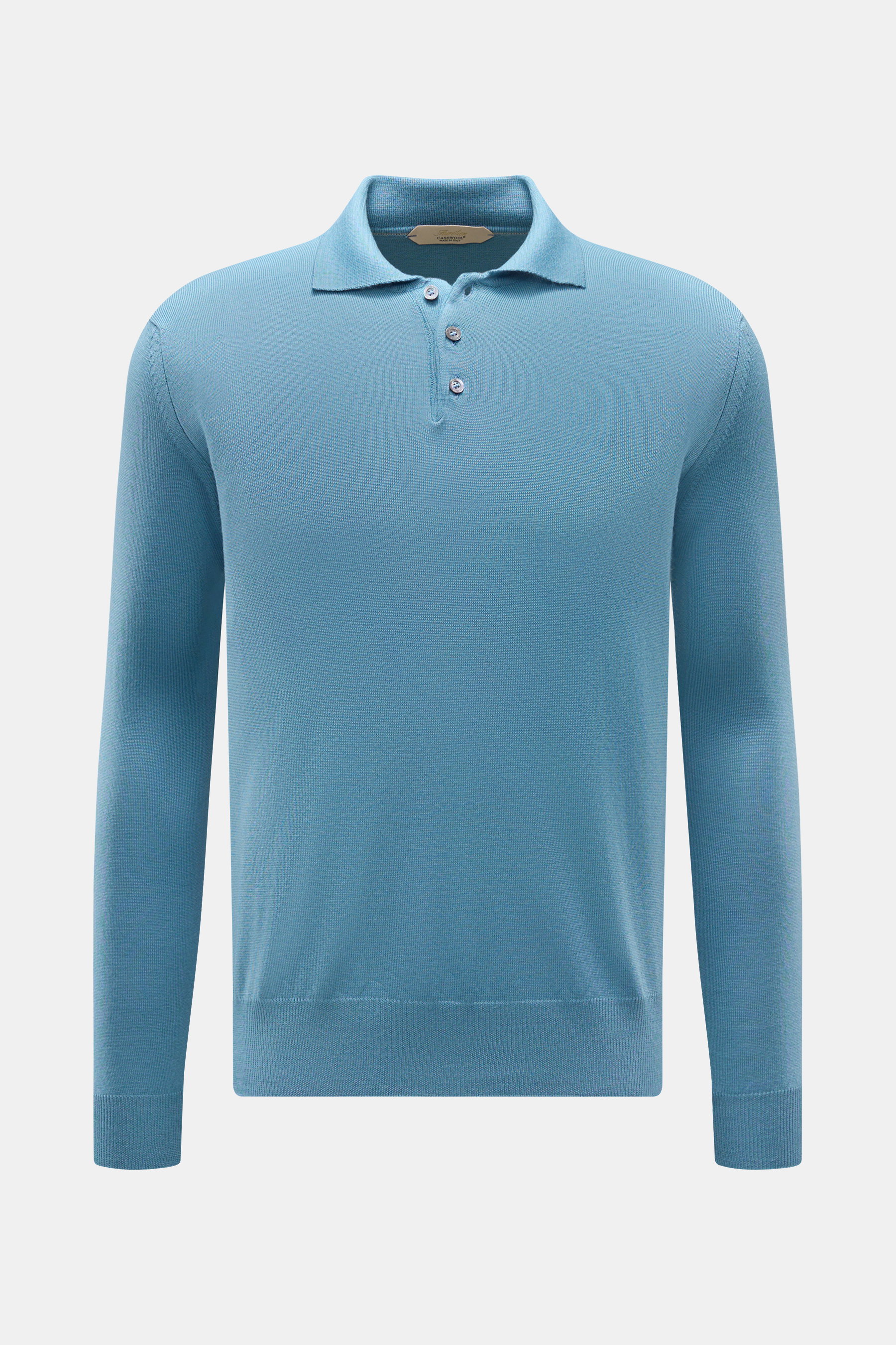 Aurélien Merino Strickpolo blau, frontale Nahaufnahme, Slim Fit, Polokragen, Rippbündchen, feines Strickbild, reine Merinowolle, weich, komfortabel.