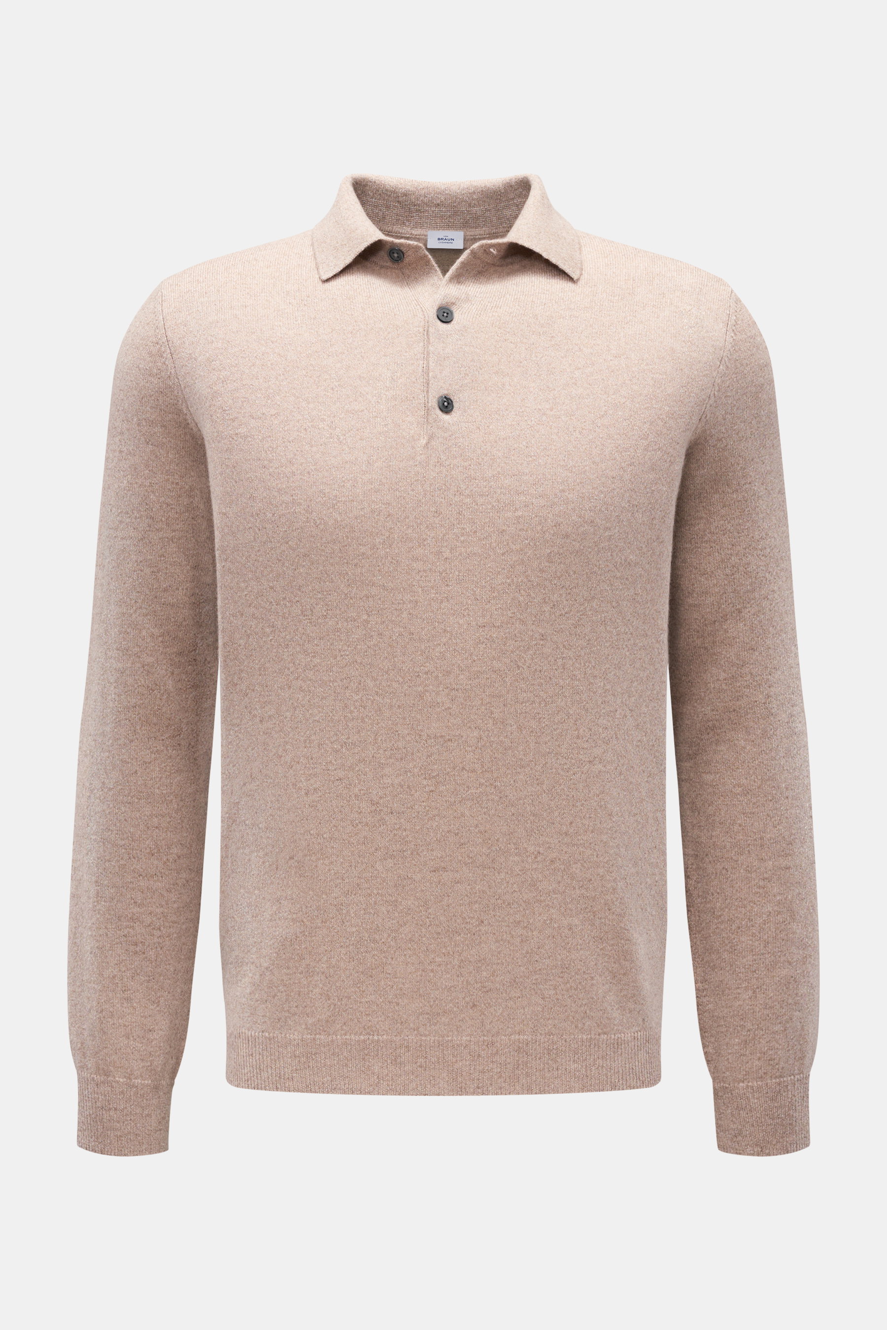 von Braun Cashmere Strickpolo beige meliert, frontale Nahaufnahme, feines Strickbild, Slim Fit, Polokragen, Drei-Knopf-Leiste, elastische Rippbündchen, weiche Cashmere-Qualität