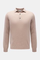 von Braun Cashmere Strickpolo beige meliert, frontale Nahaufnahme, feines Strickbild, Slim Fit, Polokragen, Drei-Knopf-Leiste, elastische Rippbündchen, weiche Cashmere-Qualität
