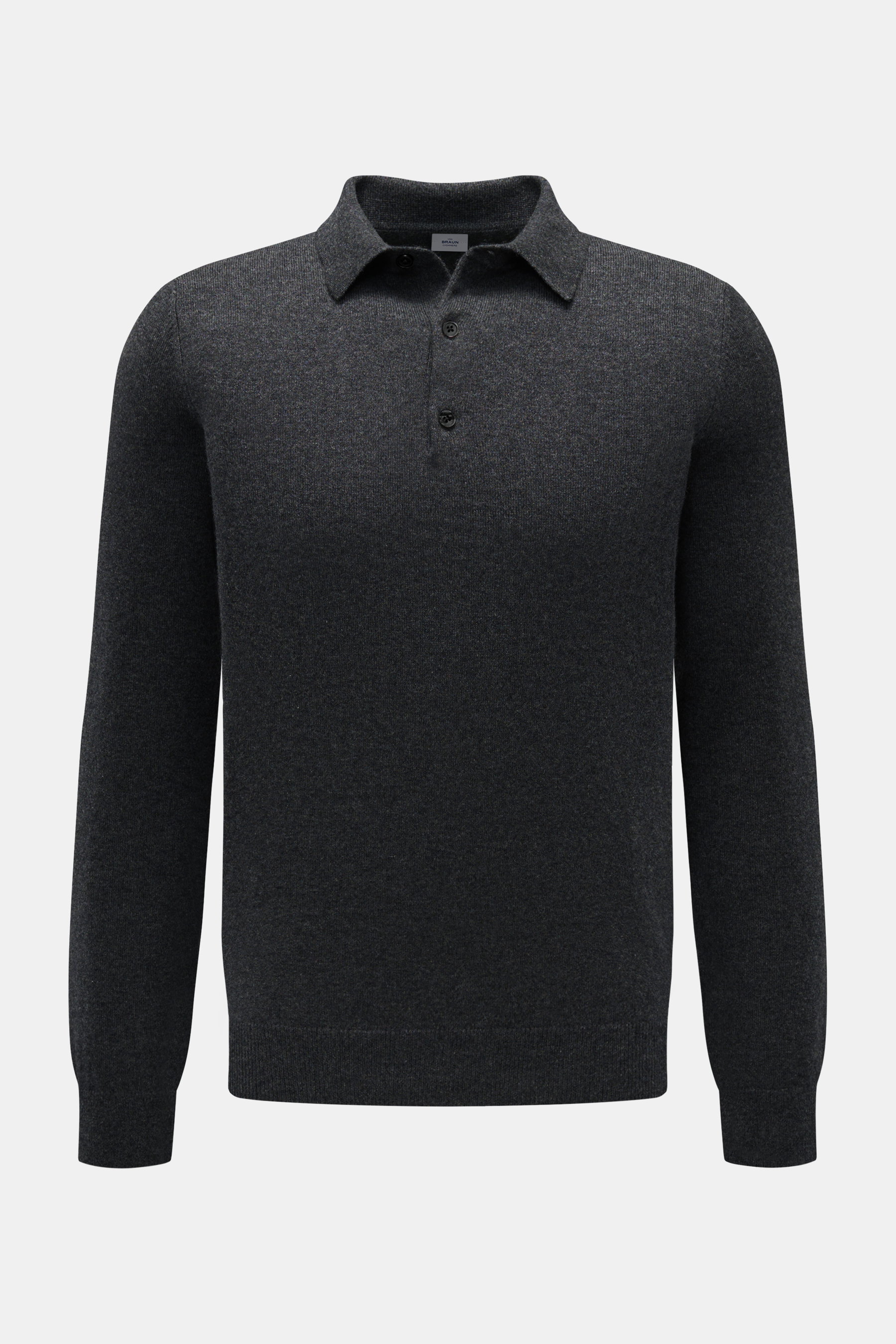 von Braun Cashmere Strickpolo anthrazit meliert, Slim Fit, feines Strickbild, Drei-Knopf-Leiste, Polokragen, elastische Rippbündchen, frontal fotografiert