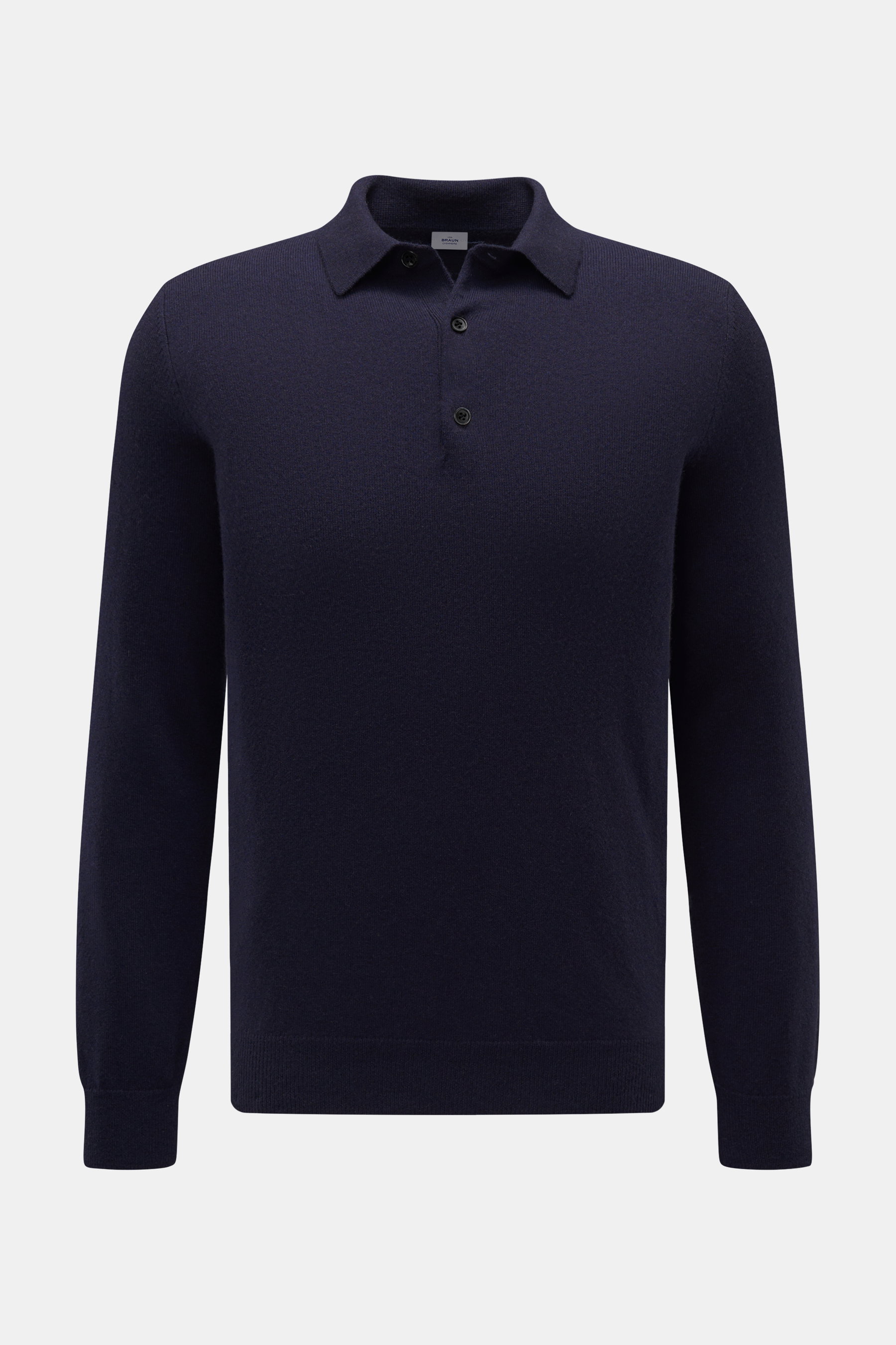 von Braun Cashmere Strickpolo navy, frontal fotografiert, Slim Fit mit drei Knöpfen, Polokragen, elastischen Rippbündchen, aus weichem, feinem Cashmere