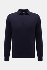 Front view of von Braun Cashmere knit polo navy in fine pure cashmere, slim fit with three-button placket, ribbed bands, and signature collar, very soft feel.