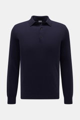 Front view of von Braun Cashmere knit polo navy in fine pure cashmere, slim fit with three-button placket, ribbed bands, and signature collar, very soft feel.