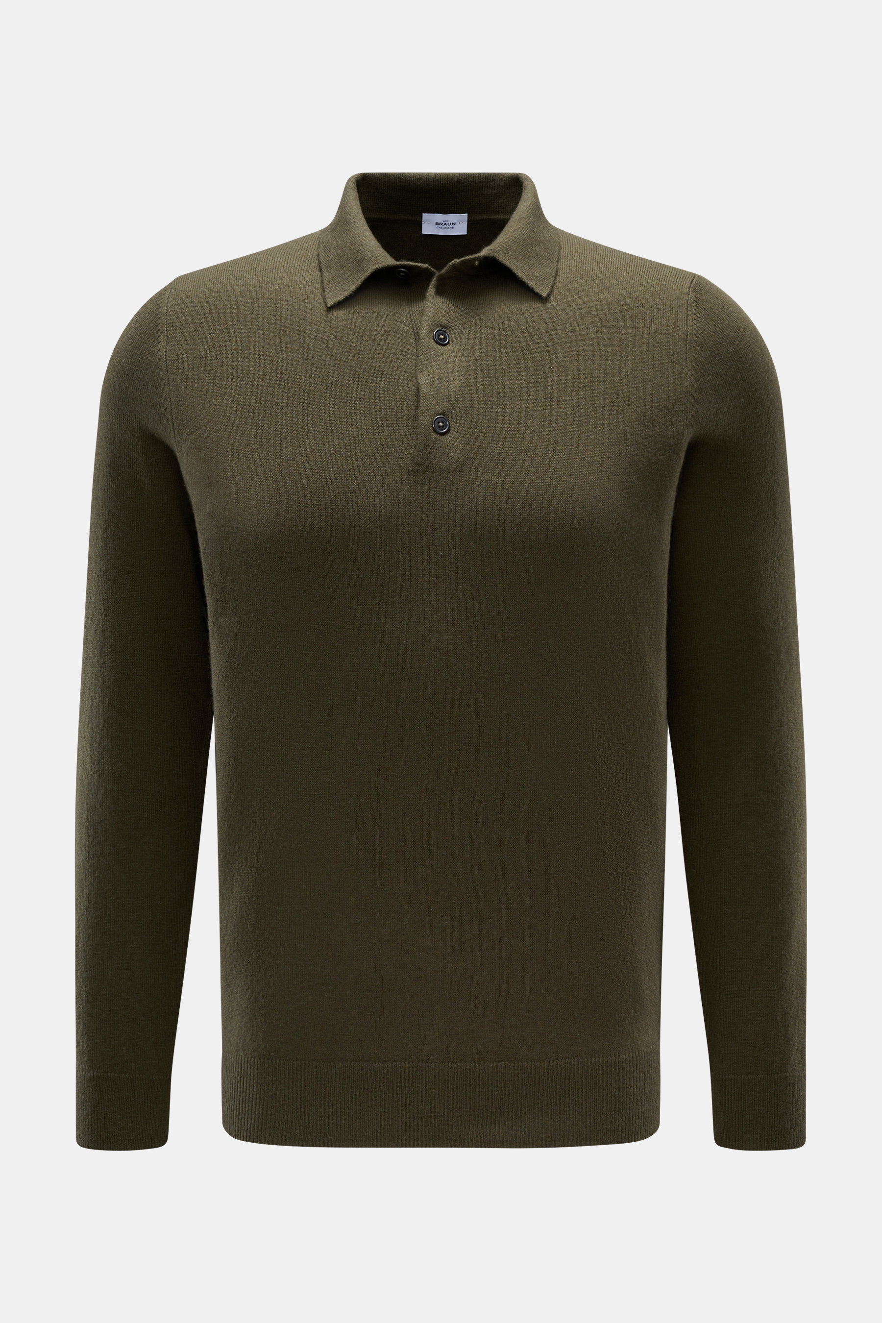 von Braun Cashmere Strickpolo oliv, frontal fotografiert, Slim Fit, feines Strickbild, Drei-Knopf-Leiste, Polokragen, elastische Rippbündchen, reiner weicher Cashmere