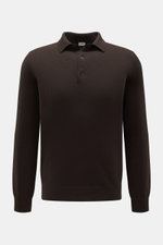 von Braun Cashmere knit polo dark brown shown from front, elegant cold-season basic in pure Mongolian cashmere, slim fit with three-button placket, signature collar, fine knit, soft feel, elasticated ribbed bands.