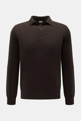 von Braun Cashmere knit polo dark brown shown from front, elegant cold-season basic in pure Mongolian cashmere, slim fit with three-button placket, signature collar, fine knit, soft feel, elasticated ribbed bands.