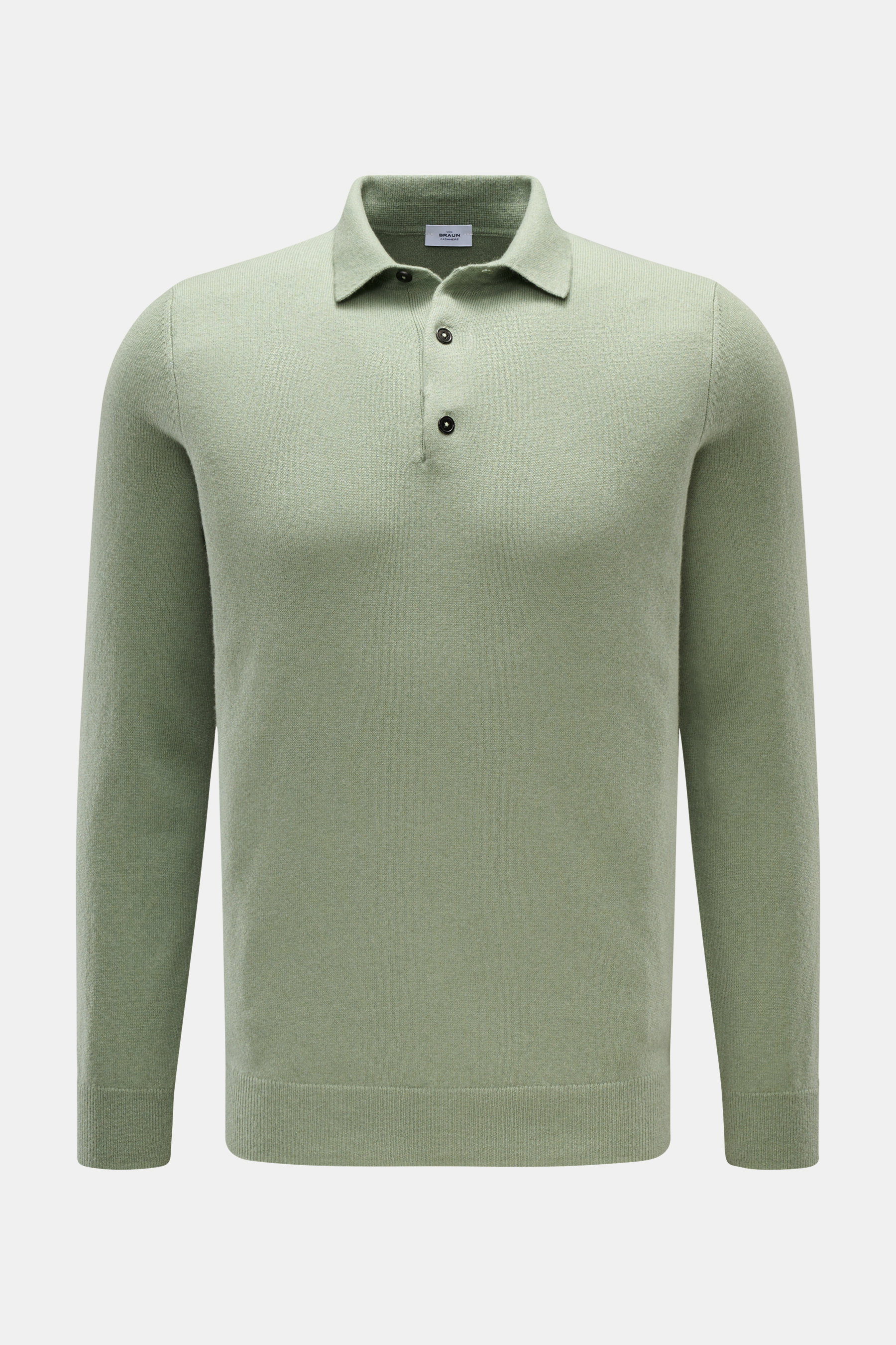 von Braun Cashmere Strickpolo salbei, Slim Fit, feines Strickbild, drei Knöpfe, Polokragen, elastische Rippbündchen, frontal fotografiert