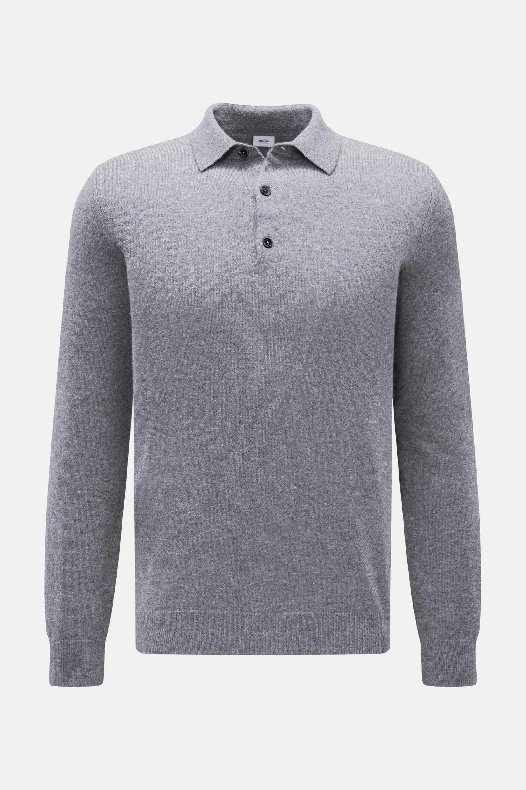 von Braun Cashmere Strickpolo grau meliert, frontale Nahaufnahme, Slim Fit, feines Strickbild, Polokragen, Drei-Knopf-Leiste, elastische Rippbündchen, weicher Cashmere aus Innerer Mongolei