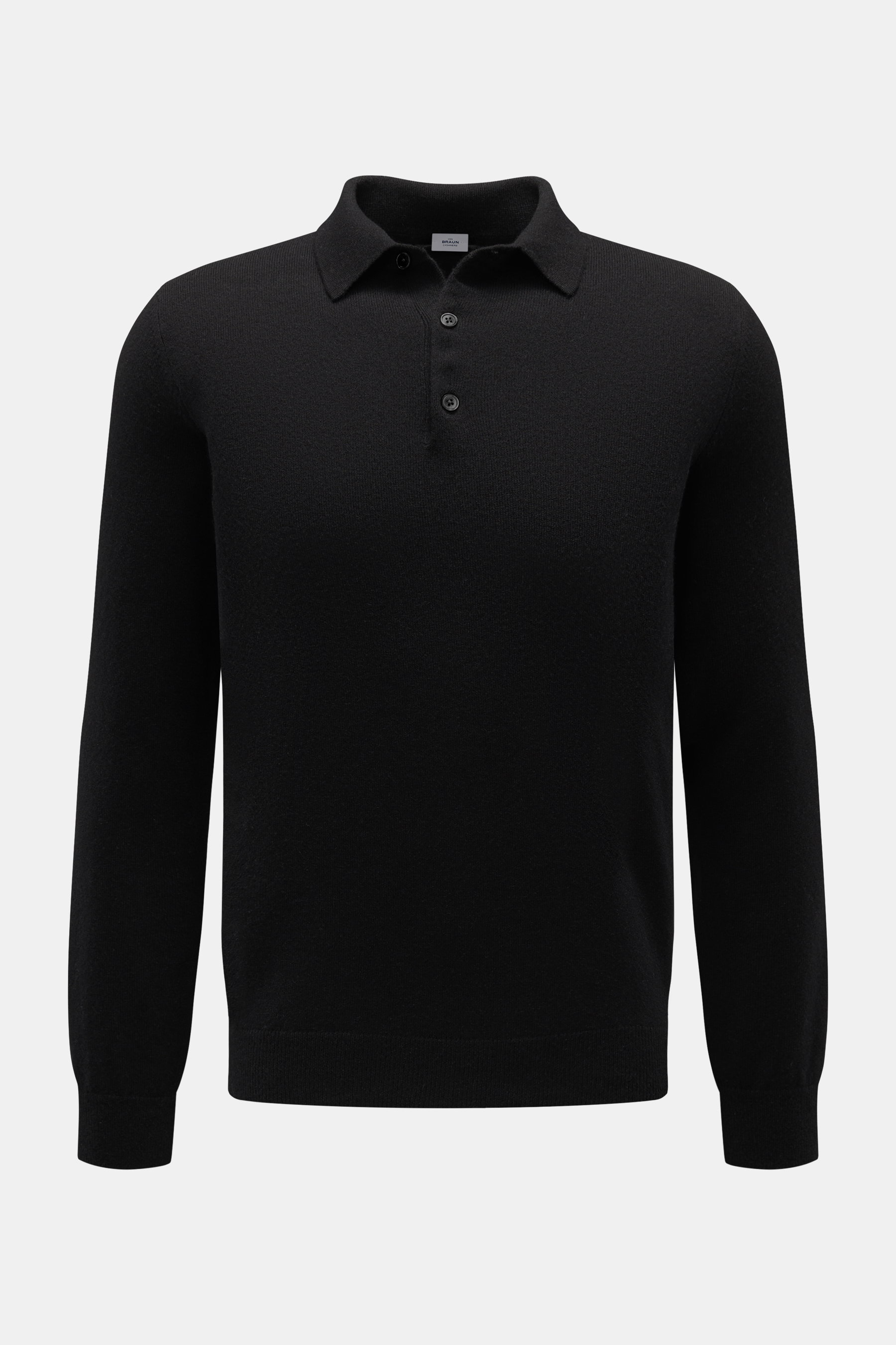 von Braun Cashmere Strickpolo schwarz, frontal fotografiert, Slim Fit, feines Strickbild, Polokragen, Drei-Knopf-Leiste, elastische Rippbündchen, reiner Cashmere