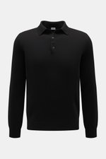 von Braun Cashmere Strickpolo schwarz, frontal fotografiert, Slim Fit, feines Strickbild, Polokragen, Drei-Knopf-Leiste, elastische Rippbündchen, reiner Cashmere