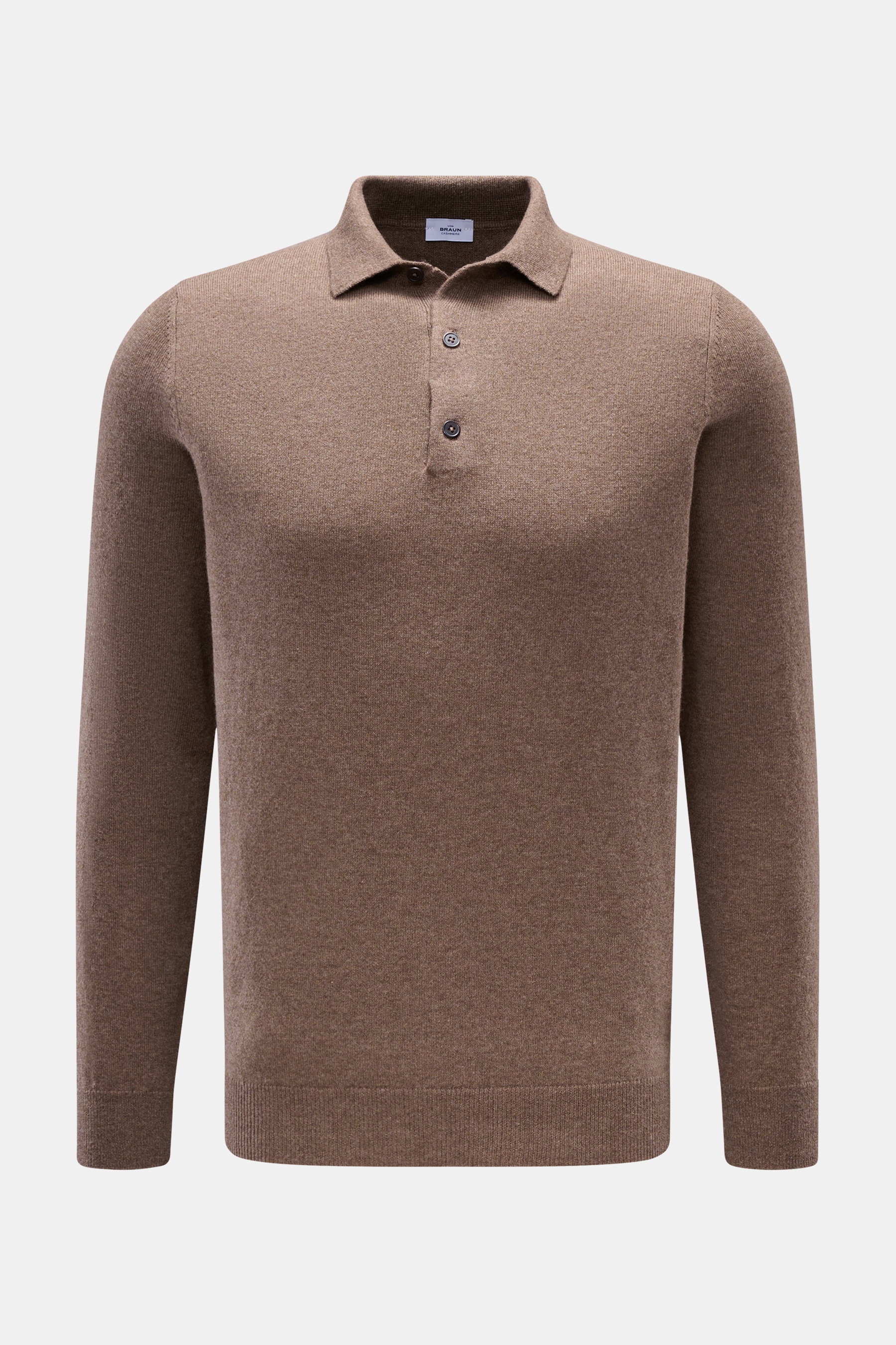von Braun Cashmere Strickpolo braun, Slim Fit, feines Strickbild, Drei-Knopf-Leiste, Polokragen, elastische Rippbündchen, frontale Nahaufnahme