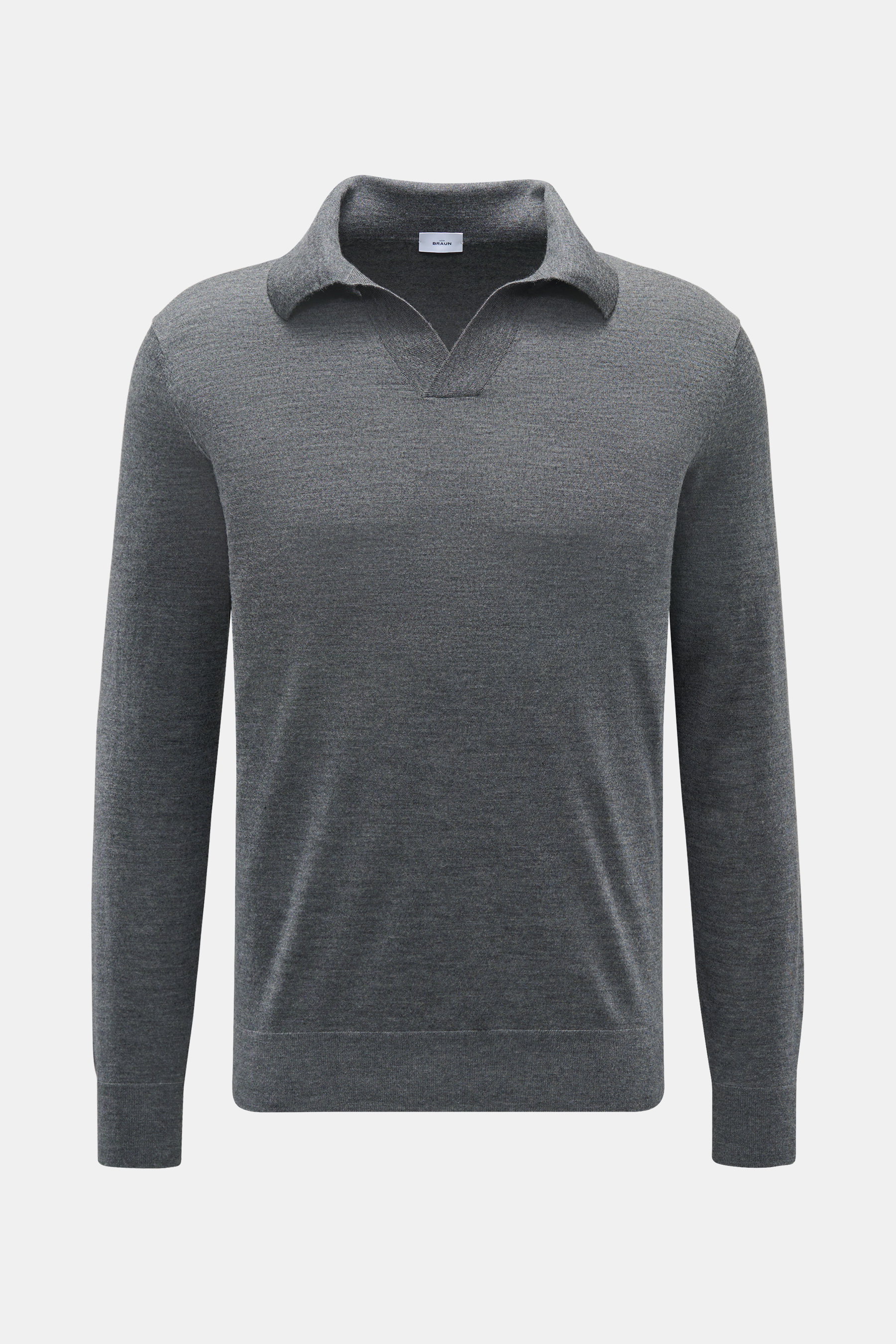 Front view of von Braun Merino knit polo anthracite mottled, an elegant basic for casual looks with open collar placket, pure merino wool, soft feel, very fine knit, regular fit, signature polo collar, open collar strip, elasticated ribbed bands.