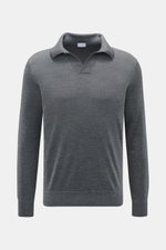 Front view of von Braun Merino knit polo anthracite mottled, an elegant basic for casual looks with open collar placket, pure merino wool, soft feel, very fine knit, regular fit, signature polo collar, open collar strip, elasticated ribbed bands.