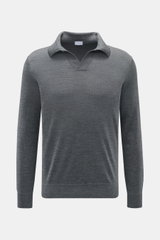 Front view of von Braun Merino knit polo anthracite mottled, an elegant basic for casual looks with open collar placket, pure merino wool, soft feel, very fine knit, regular fit, signature polo collar, open collar strip, elasticated ribbed bands.