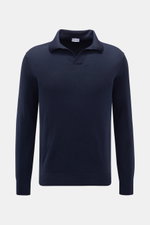 Front view of a von Braun Merino knit polo navy in pure merino wool with a soft feel, very fine knit, regular fit, signature polo shirt collar, open collar strip, and elasticated ribbed bands, an elegant basic for casual looks.