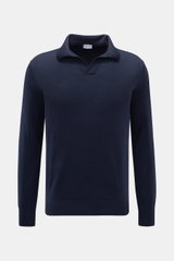 Front view of a von Braun Merino knit polo navy in pure merino wool with a soft feel, very fine knit, regular fit, signature polo shirt collar, open collar strip, and elasticated ribbed bands, an elegant basic for casual looks.