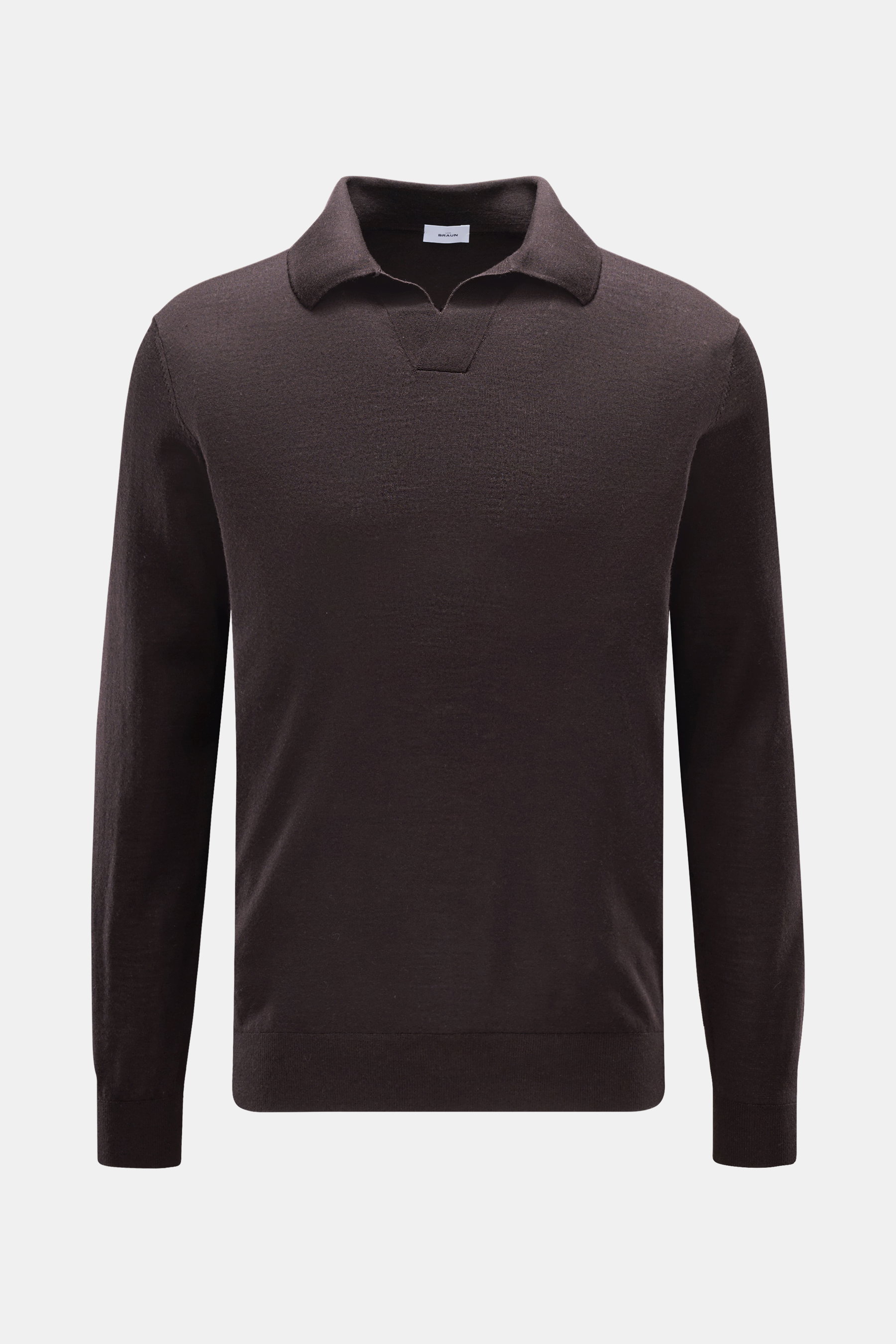 Front view of von Braun Merino knit polo dark brown with open collar placket, regular fit, elasticated ribbed bands, and soft pure merino wool. 

<p>An elegant basic for casual looks: This VON BRAUN knit polo with open collar placket is a casual alternati