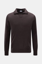 von Braun Merino Strickpolo dunkelbraun, frontal fotografiert, mit offenem Polokragen, Regular Fit, aus reiner Merinowolle, feines Strickbild, weicher Griff, elastische Rippbündchen