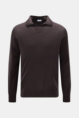von Braun Merino Strickpolo dunkelbraun, frontal fotografiert, mit offenem Polokragen, Regular Fit, aus reiner Merinowolle, feines Strickbild, weicher Griff, elastische Rippbündchen