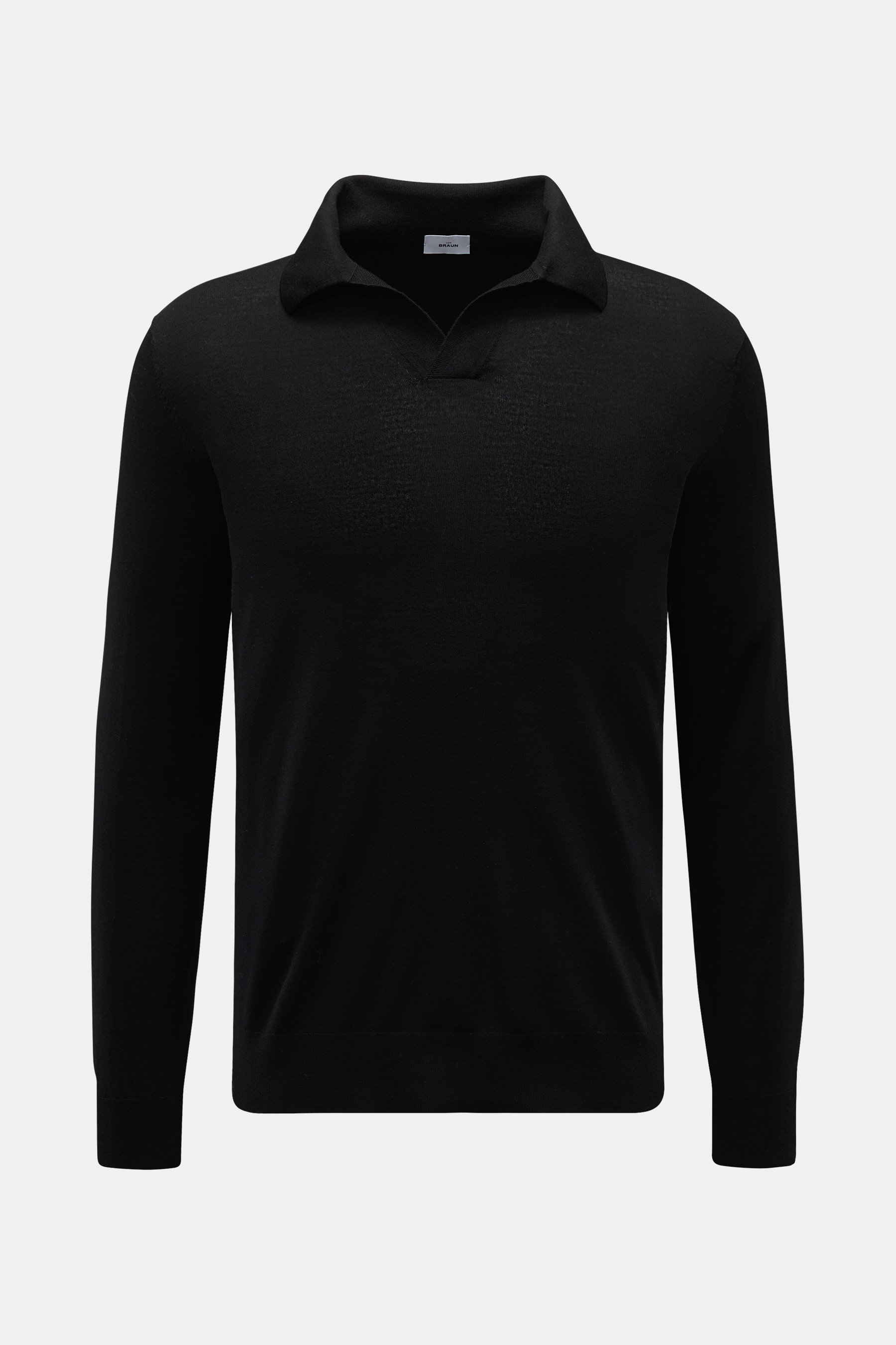 Front view of von Braun Merino knit polo black, an elegant basic for casual looks with an open collar placket, pure merino wool, soft feel, very fine knit, regular fit, signature polo shirt collar, open collar strip, and elasticated ribbed bands.