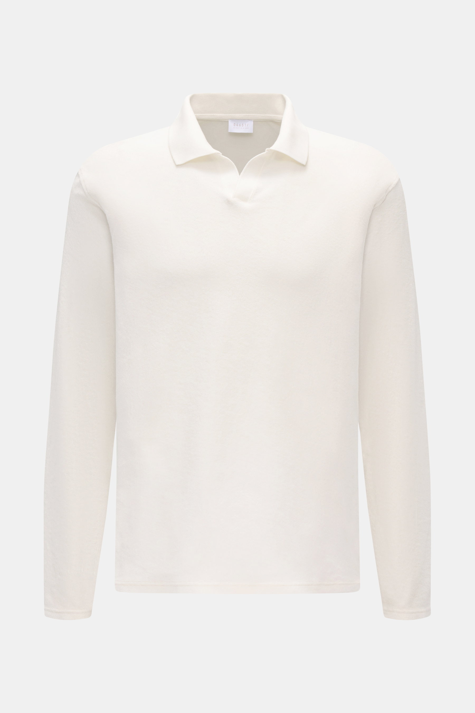 Langarm-Poloshirt 04651/ A trip in a bag Frottee Longsleeve-Poloshirt 'Terry Johnny' creme, frontale Ansicht, reine Baumwolle, Regular Fit, offener Kragen, kurze Saumschlitze.