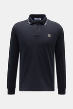 Stone Island Long sleeve polo shirt dark navy shown from the front with a slim fit, garment-dyed jersey made of pure cotton, robust piqué texture, elasticated fabric, polo shirt collar with contrasting stripes, patch button placket, STONE ISLAND fabric la