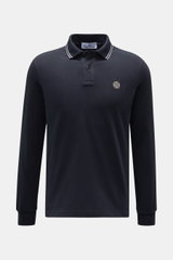 Stone Island Long sleeve polo shirt dark navy shown from the front with a slim fit, garment-dyed jersey made of pure cotton, robust piqué texture, elasticated fabric, polo shirt collar with contrasting stripes, patch button placket, STONE ISLAND fabric la