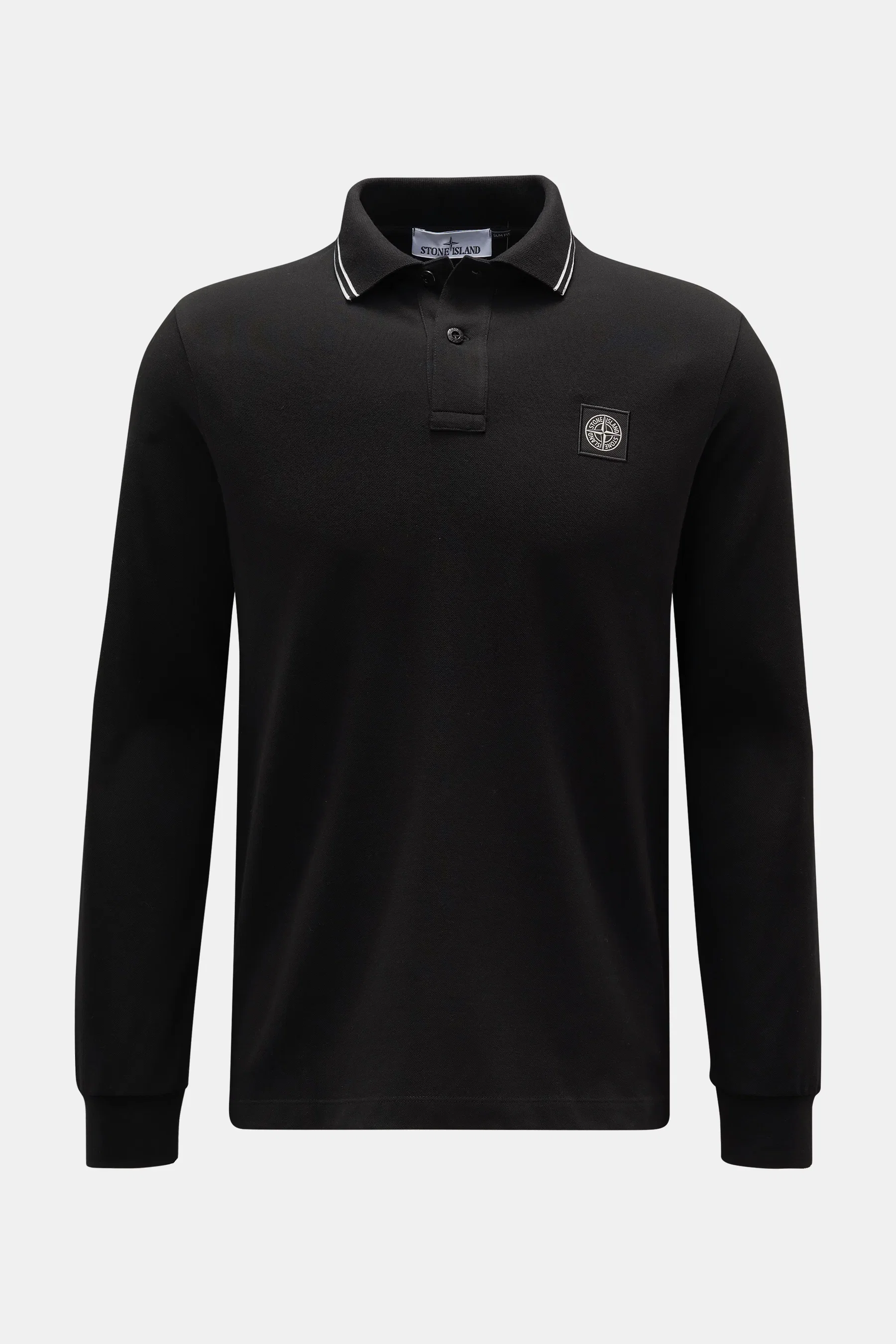 Front view of Stone Island Long sleeve polo shirt black in pure cotton jersey, slim fit with contrasting striped collar and tonal logo patch.

Description: <p>Create casual outfits that work with this classic long sleeve polo shirt in an understated sport