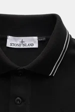 Close-up front view of Stone Island Long sleeve polo shirt black showing black piqué fabric, slim fit, collar with white stripes, patch button placket, and STONE ISLAND logo label. 

<p>Create casual outfits that work with this classic long sleeve polo sh