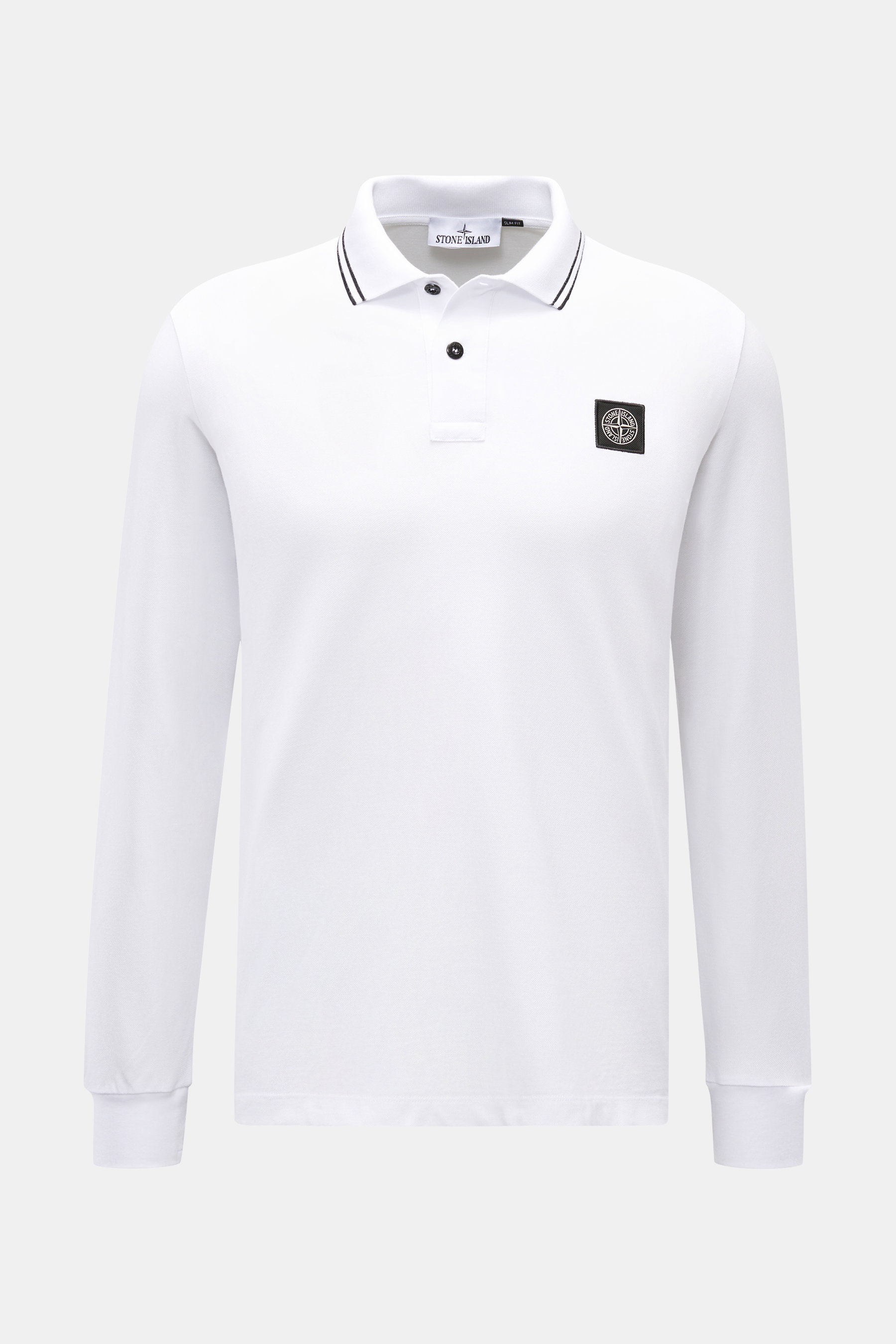 Stone Island Longsleeve-Poloshirt weiß, Frontansicht, Slim Fit, reine Baumwolle, Piqué-Struktur, Polokragen mit Kontraststreifen, Kompasslogo, Seitenschlitze.