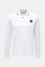 Stone Island Long sleeve polo shirt white shown from the front, slim fit in pure cotton jersey with piqué texture, collar with stripes, button placket, and compass logo patch. <p>Create casual outfits that work with this classic long sleeve polo shirt in 