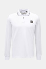 Stone Island Long sleeve polo shirt white shown from the front, slim fit in pure cotton jersey with piqué texture, collar with stripes, button placket, and compass logo patch. <p>Create casual outfits that work with this classic long sleeve polo shirt in 
