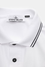 Close-up front view of Stone Island Long sleeve polo shirt white showing collar with black stripes, button placket, and fabric labels.

<p>Create casual outfits that work with this classic long sleeve polo shirt in an understated sporty look in piece-dyed