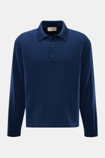 Officine Générale Merino Strickpolo 'Bay' navy, Frontansicht, langarm, Regular Fit, Polokragen, Rippbündchen, feines Strickbild aus reiner Merinowolle, weich.