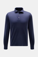 Front view of Fedeli Jersey Longsleeve Polo Shirt 'Zero' navy in slim fit, made of soft, silky pure Giza cotton jersey with mother-of-pearl buttons.