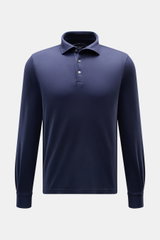 Front view of Fedeli Jersey Longsleeve Polo Shirt 'Zero' navy in slim fit, made of soft, silky pure Giza cotton jersey with mother-of-pearl buttons.