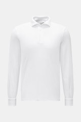 Fedeli Jersey Longsleeve-Poloshirt 'Zero' weiß, Frontansicht, Slim Fit aus glattem Jersey, Perlmuttknöpfe, Polokragen, Sportmanschette, Saumschlitze.