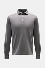 Front view of Fedeli Jersey Longsleeve Polo Shirt 'Zero' grey, soft and silky pure Giza cotton jersey with tailored collar, mother-of-pearl buttons, slim fit, sport cuffs, garment dyed, and side hem slits.